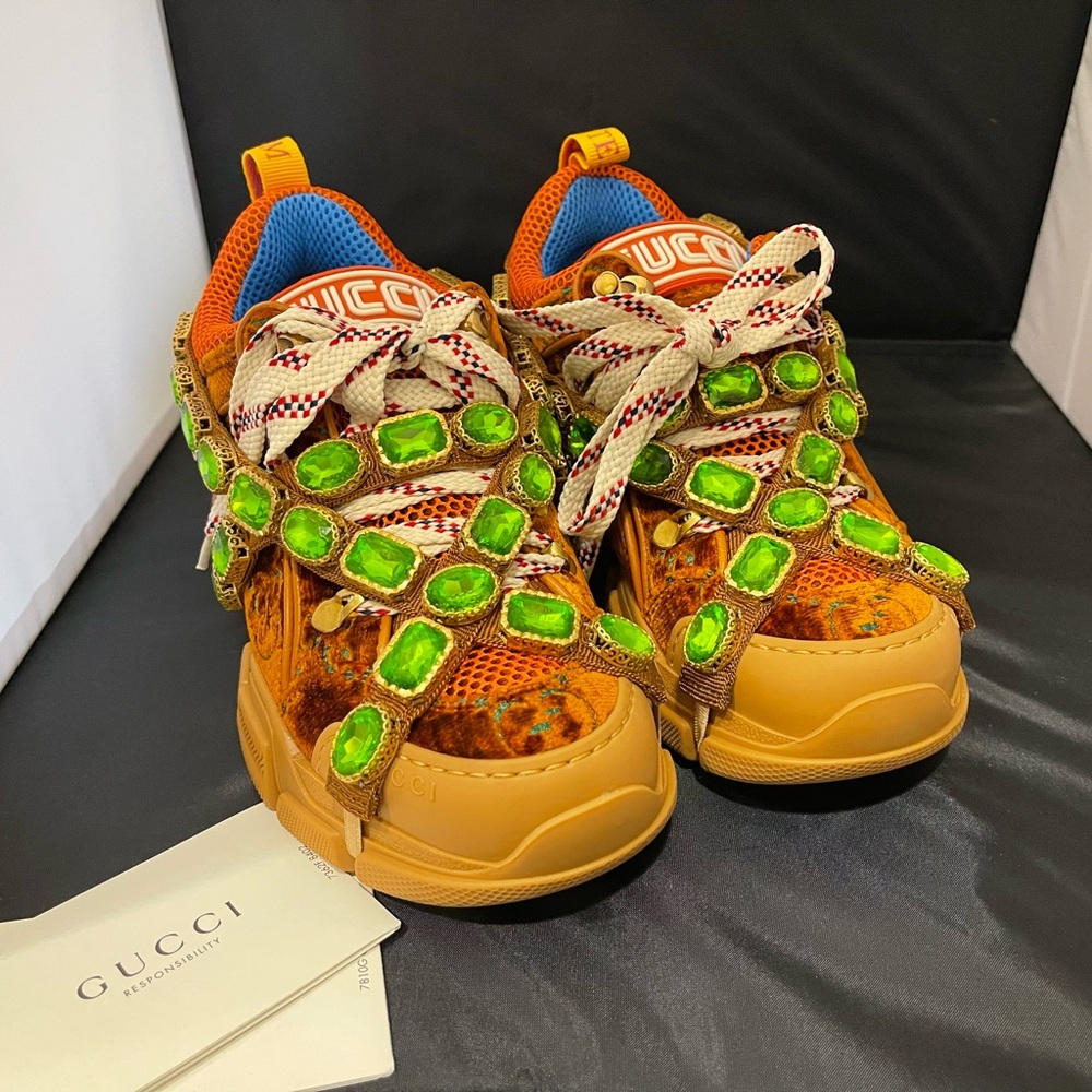Gucci Orange Sneakers with Green Embellishments Flashtrek Velvet Sneakers